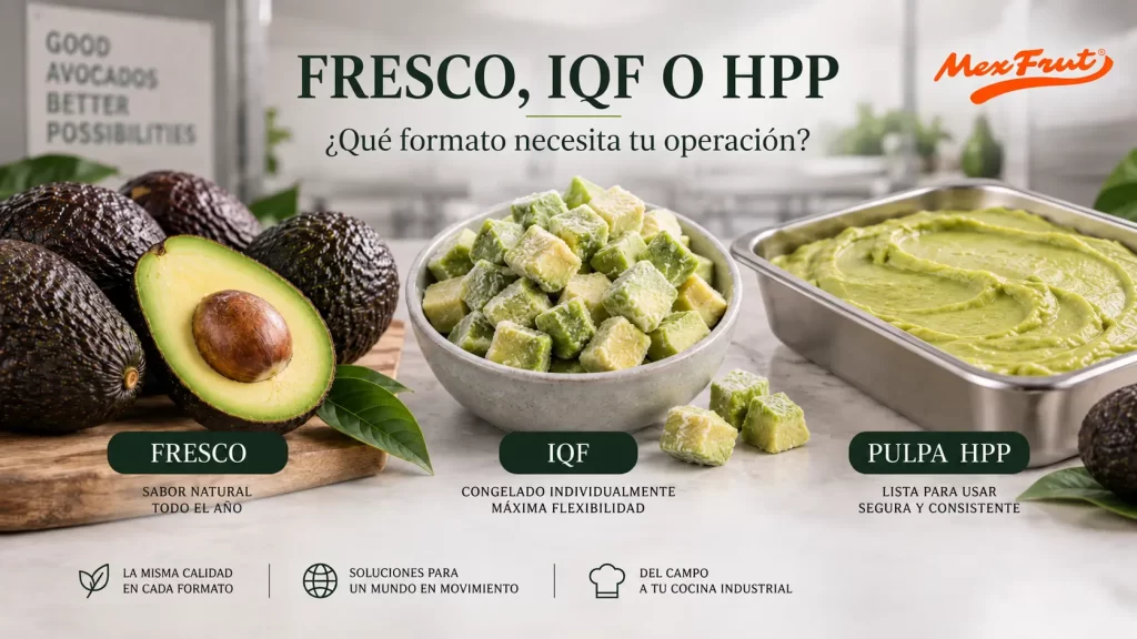 Aguacate Hass fresco, aguacate IQF y pulpa HPP para operaciones de food service e industria