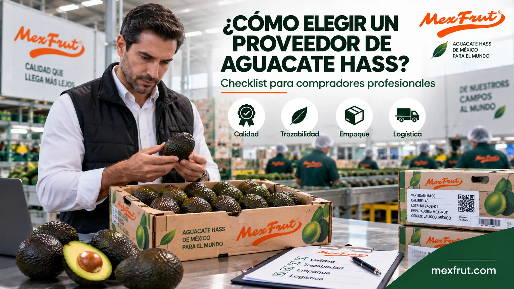 Comprador profesional evaluando proveedor de aguacate Hass en empacadora Mexfrut
