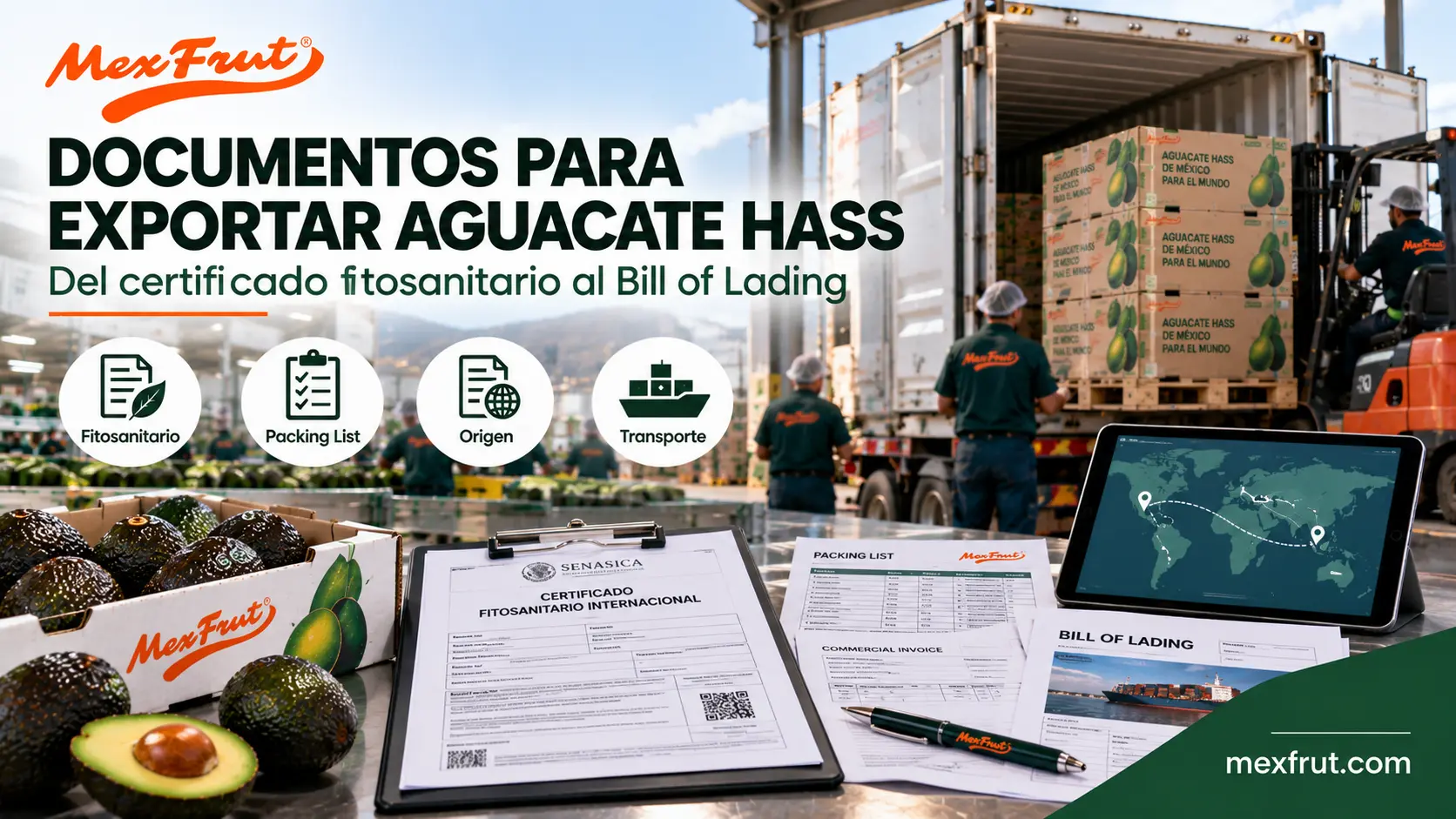 Documentación para exportación de aguacate Hass mexicano con pallet y contenedor Mexfrut