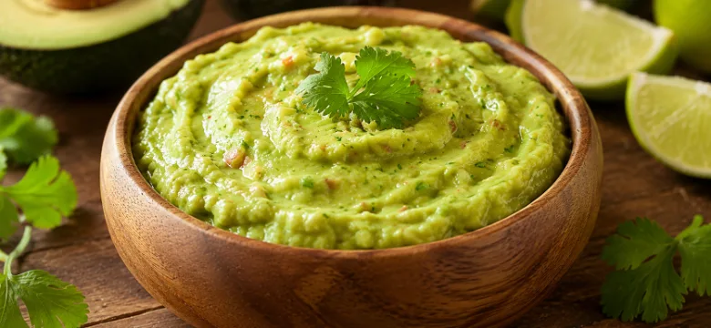 Guacamole Spicy en bowl con cilantro y limones