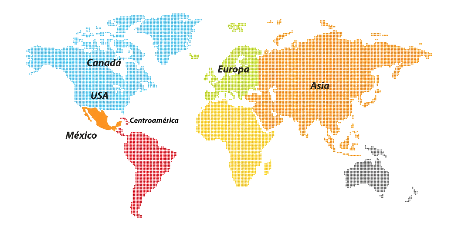 Mapa de mercados de exportación de aguacate Hass MexFrut: México, Estados Unidos, Canadá, Centroamérica, Europa y Asia