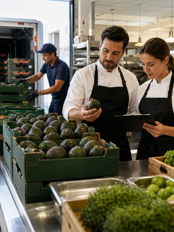 Chefs recibiendo aguacate Hass MexFrut en cocina de food service